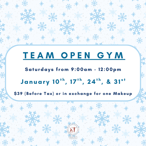 Image of a snowflake background with event details for a team open gym on Saturdays in January.