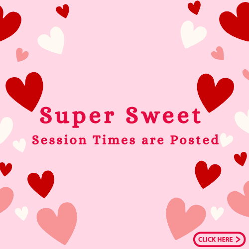 Light pink background with red, white, and pink hearts. Text in center and a button at bottom right.