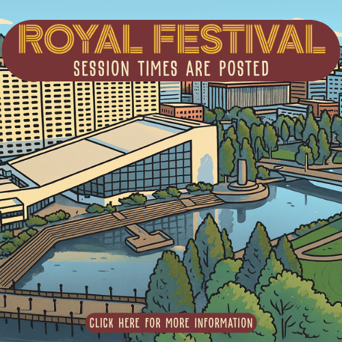 Ilustration of a cityscape with a modern building by water, surrounded by trees and additional structures.